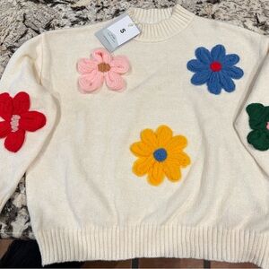 Floral Cream Sweater with Multicolor Floral Patterns